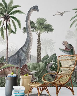 Dinosaur Jungle Wallpaper - Artistic Forest Trees and Plants, Peel and Stick