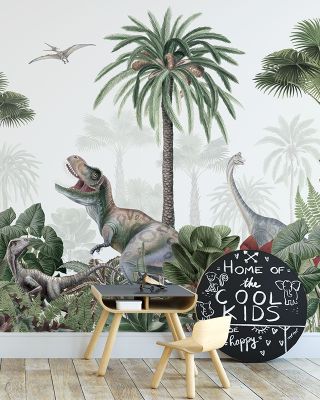 Dinosaur Jungle Wallpaper - Artistic Forest Trees and Plants, Peel and Stick