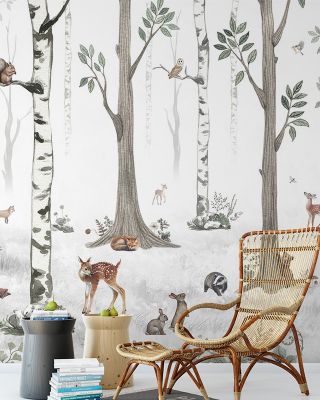 White Forest Wallpaper Mural - Forest Animals, Trees, Bears, Deer, Fox, Owl
