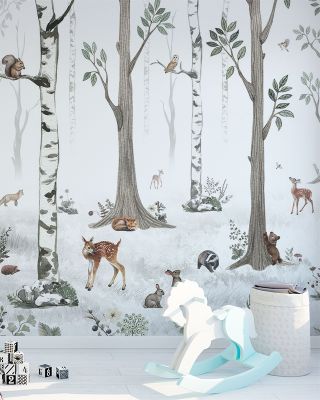 White Forest Wallpaper Mural - Forest Animals, Trees, Bears, Deer, Fox, Owl