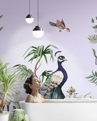 VioletOasis Peacock Wallpaper - Artistic Trees and Birds