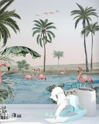 Oasis Artwork Wallpaper - Trees, Birds, Flamingos