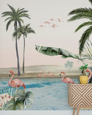 Oasis Artwork Wallpaper - Trees, Birds, Flamingos