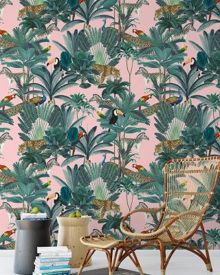 Paradise Garden Wallpaper - Forest Animals, Trees, Birds, Tiger, Zebra, Peacock, Parrot