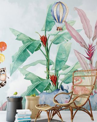 Adventure Awaits Wallpaper - Tropical Forest with Banana Trees, Rhinoceros, Flamingo