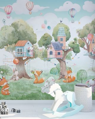 The Best Neighbors Nursery Wallpaper - Tree House, Bear, Fox, Rabbit, Plants