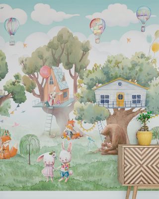 The Best Neighbors Nursery Wallpaper - Tree House, Bear, Fox, Rabbit, Plants