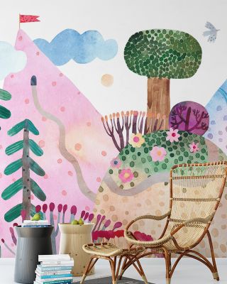 Road Trip Adventure Nursery Wallpaper - Mountains, Trees, Birds
