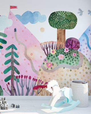 Road Trip Adventure Nursery Wallpaper - Mountains, Trees, Birds