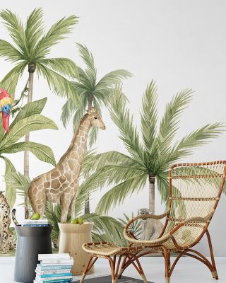 Palm Tree Hideaway Wallpaper - Tropical Forest with Parrots, Cheetah, Zebra, Giraffe, Monkey