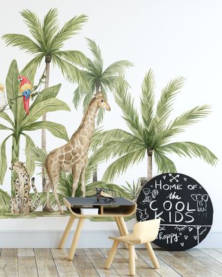 Palm Tree Hideaway Wallpaper - Tropical Forest with Parrots, Cheetah, Zebra, Giraffe, Monkey