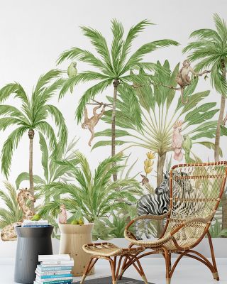 My Own Little Jungle Wallpaper - Forest Trees, Parrots, Birds, Zebra, Giraffe