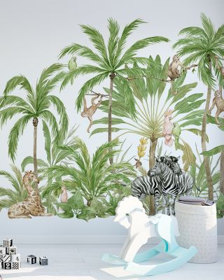 My Own Little Jungle Wallpaper - Forest Trees, Parrots, Birds, Zebra, Giraffe