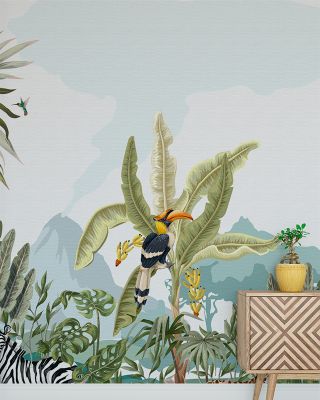 Mischievous Jungle Friends Wallpaper - Forest, Mountains, Birds, Zebra, Flamingo