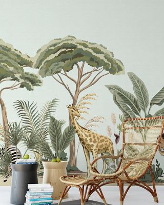 Little Savannah Nature Wallpaper - Trees, Banana Tree, Birds, Lion, Zebra, Giraffe