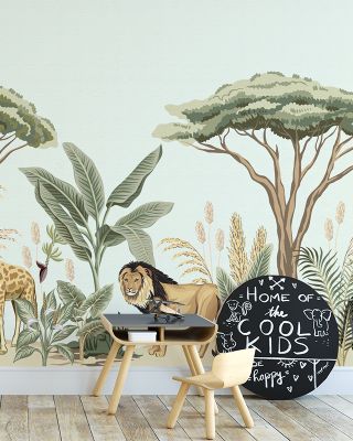 Little Savannah Nature Wallpaper - Trees, Banana Tree, Birds, Lion, Zebra, Giraffe