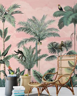 Jungle Delight Wallpaper - Peach Forest & Nature Scene, Trees, Monkey, Parrot, Flamingo