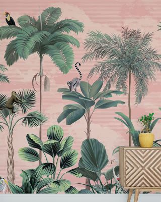 Jungle Delight Wallpaper - Peach Forest & Nature Scene, Trees, Monkey, Parrot, Flamingo