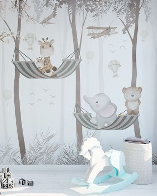 Hammock Swing Nursery Wallpaper - Forest Theme, Trees, Giraffe, Bears, Elephant
