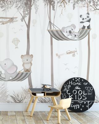 Hammock Swing Nursery Wallpaper - Forest Theme, Trees, Giraffe, Bears, Elephant
