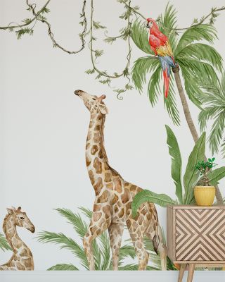 Jungle Friends Wallpaper - Forest & Nature Scene, Trees, Giraffe, Elephant, Monkey