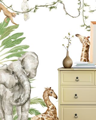 Jungle Friends Wallpaper - Forest & Nature Scene, Trees, Giraffe, Elephant, Monkey