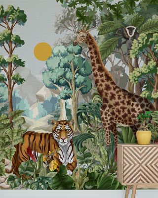 Eden Play Wallpaper - Forest & Nature Scene, Trees, Giraffe, Monkey, Tiger, Zebra