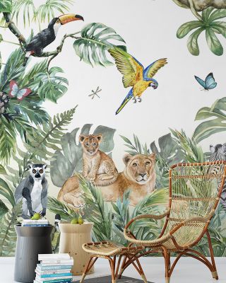 Ark Friends Wallpaper - Forest & Nature Scene, Trees, Giraffe, Elephant, Lion, Parrot