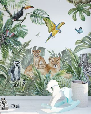 Ark Friends Wallpaper - Forest & Nature Scene, Trees, Giraffe, Elephant, Lion, Parrot