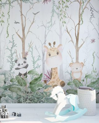 Cute Forest Patrol Nursery Wallpaper - Giraffe, Elephant, Bears, Birds