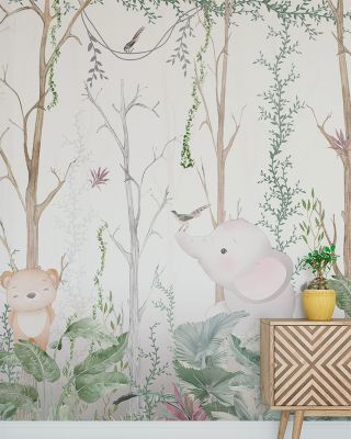 Cute Forest Patrol Nursery Wallpaper - Giraffe, Elephant, Bears, Birds