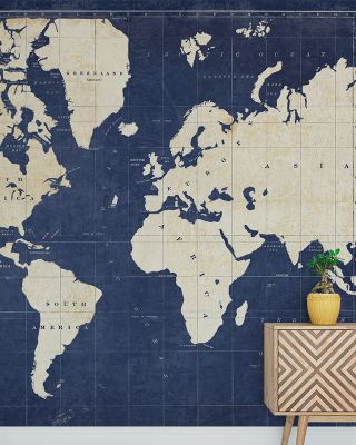 Blueprint World Map Dark Wallpaper - Technical Global Cities Design