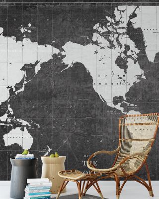 Blueprint World Map Gray Wallpaper - Technical Global Cities Design
