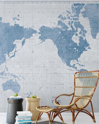 Blueprint World Map Wallpaper - Architectural Global Design
