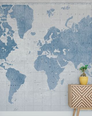 Blueprint World Map Wallpaper - Architectural Global Design