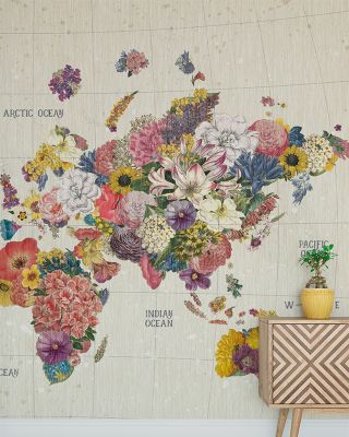 Botanical Floral World Map Wallpaper - Flower-Decorated Global Map