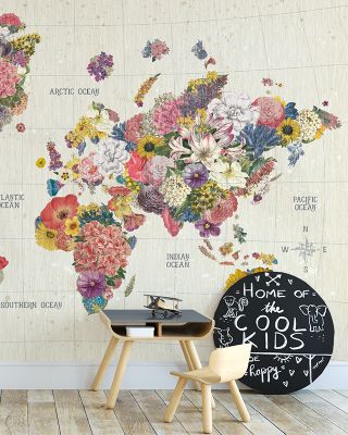 Botanical Floral World Map Wallpaper - Flower-Decorated Global Map