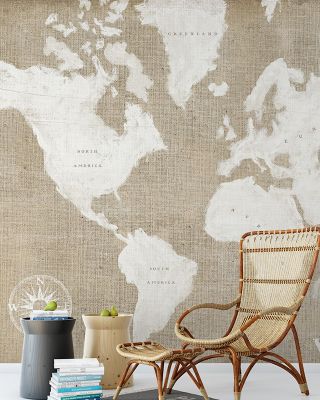 Burlap White World Map Wallpaper - Textured Global Design