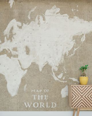 Burlap White World Map Wallpaper - Textured Global Design