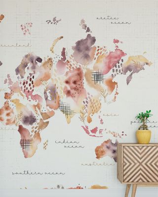 Desert Bloom World Map Wallpaper - Floral and Geographic Design