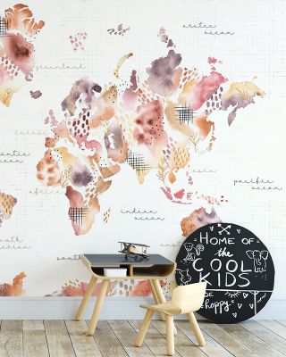 Desert Bloom World Map Wallpaper - Floral and Geographic Design