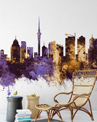 Auckland New Zealand Skyline Purple & Gold Wallpaper