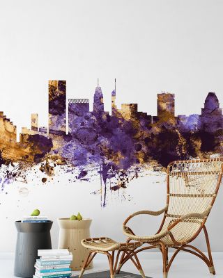 Baltimore Skyline Purple & Gold Wallpaper