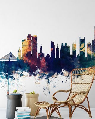 Boston Massachusetts Skyline Blue & Bronze Wallpaper