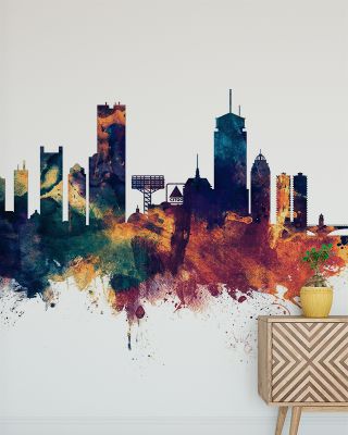 Boston Massachusetts Skyline Blue & Bronze Wallpaper