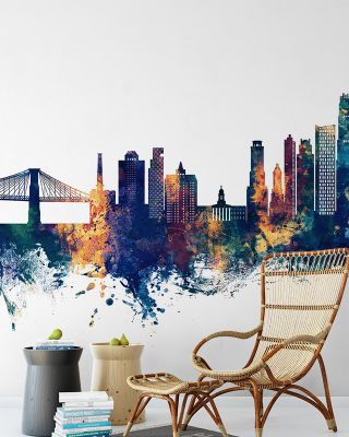 Brooklyn New York Skyline Blue & Bronze Wallpaper - Maps & Cities Design