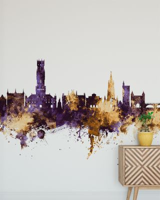 Bruges Belgium Skyline Purple & Gold Wallpaper - Maps & Cities Design