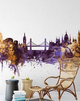 Budapest Skyline Purple & Gold Wallpaper - Maps & Cities Design