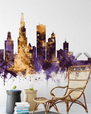 Chicago Illinois Skyline Purple & Gold Wallpaper - Maps & Cities Design