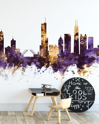 Chicago Illinois Skyline Purple & Gold Wallpaper - Maps & Cities Design